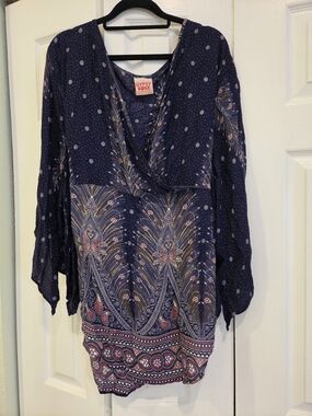 Boho Gypsy Rose Navy Printed Wrap-Front Tunic Top